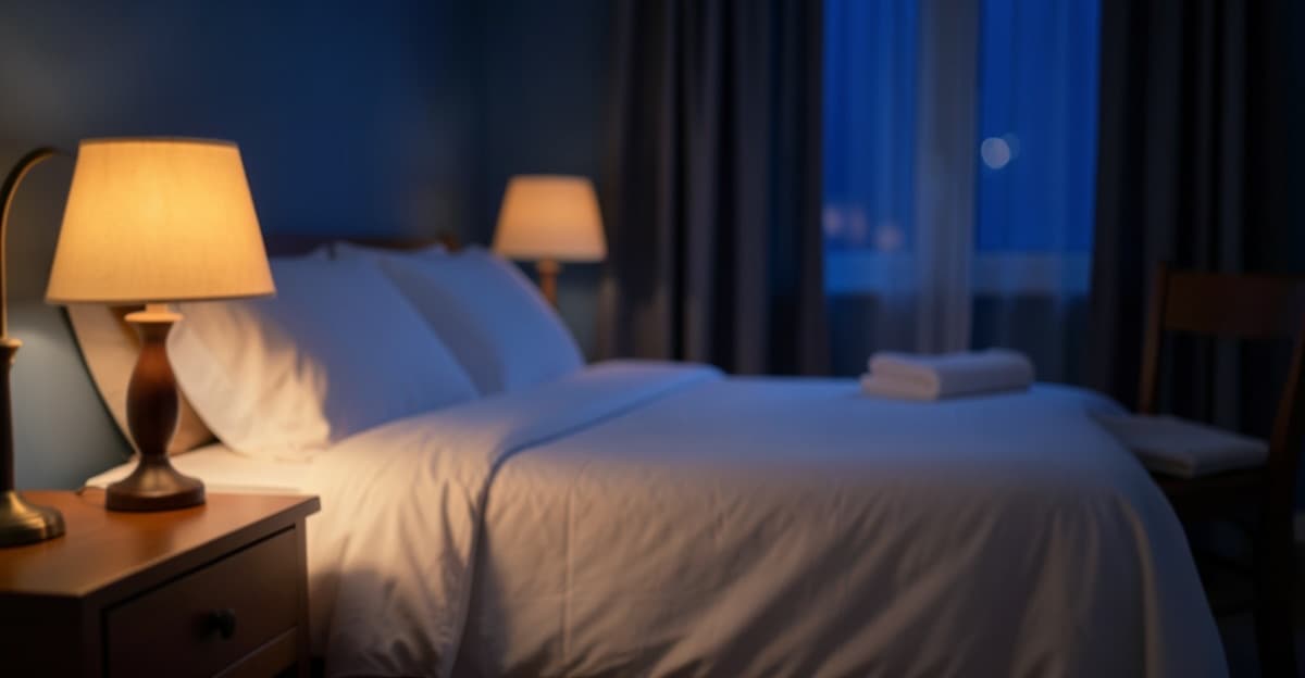 Quarto silencioso à noite, com abajur aceso, cama arrumada com lençol branco e uma toalha dobrada