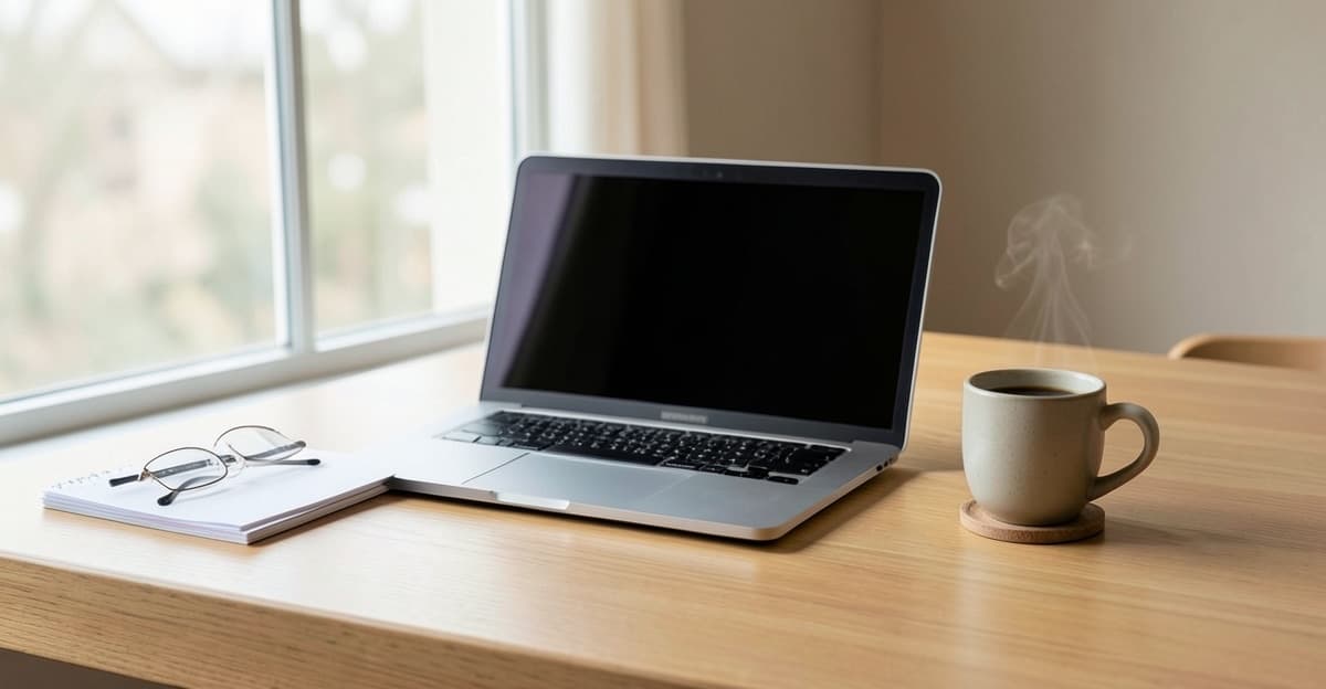 Mesa de madeira junto à janela, com notebook fechado, óculos, bloco de anotações e uma xícara de café