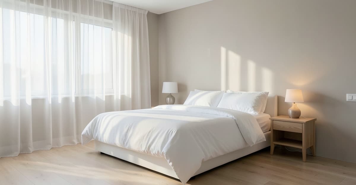 Suíte clara com cama de casal e roupa de cama branca, iluminada pela luz da manhã