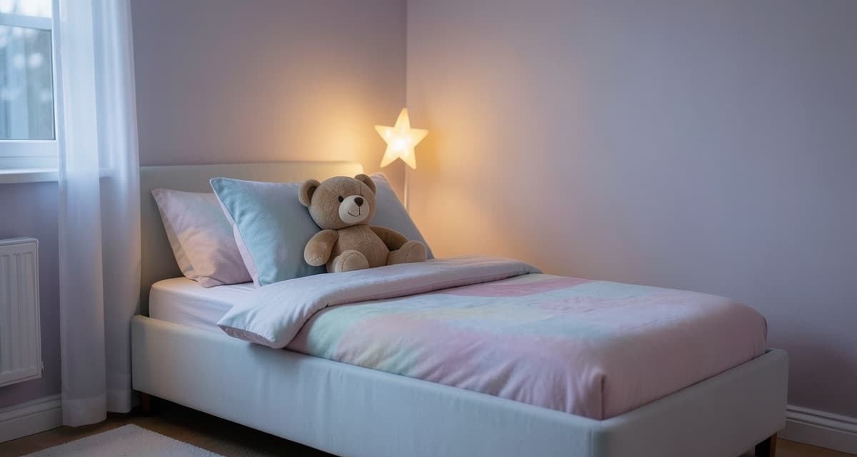 Quarto infantil à noite com ursinho de pelúcia no travesseiro e luminária de estrela acesa