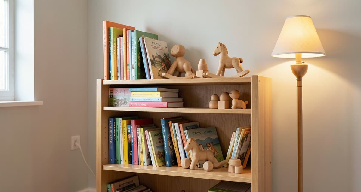 Estante de quarto infantil com livros ilustrados e brinquedos de madeira sob luz de abajur