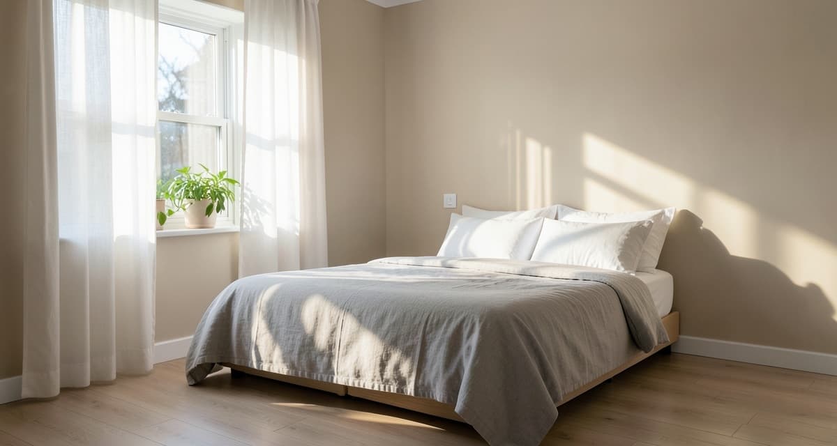 Quarto aconchegante pela manhã com cama arrumada e luz do sol entrando pela cortina